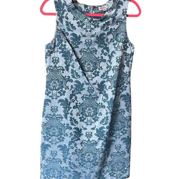 Merona Women's Blue Damask Sleeveless Sheath Dress Size 8 Silver EUC - Picture 1 of 3